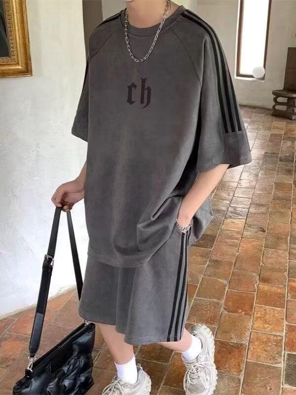 Men's High-End Suede T-Shirt & Shorts Set - Summer Retro Casual Sportswear