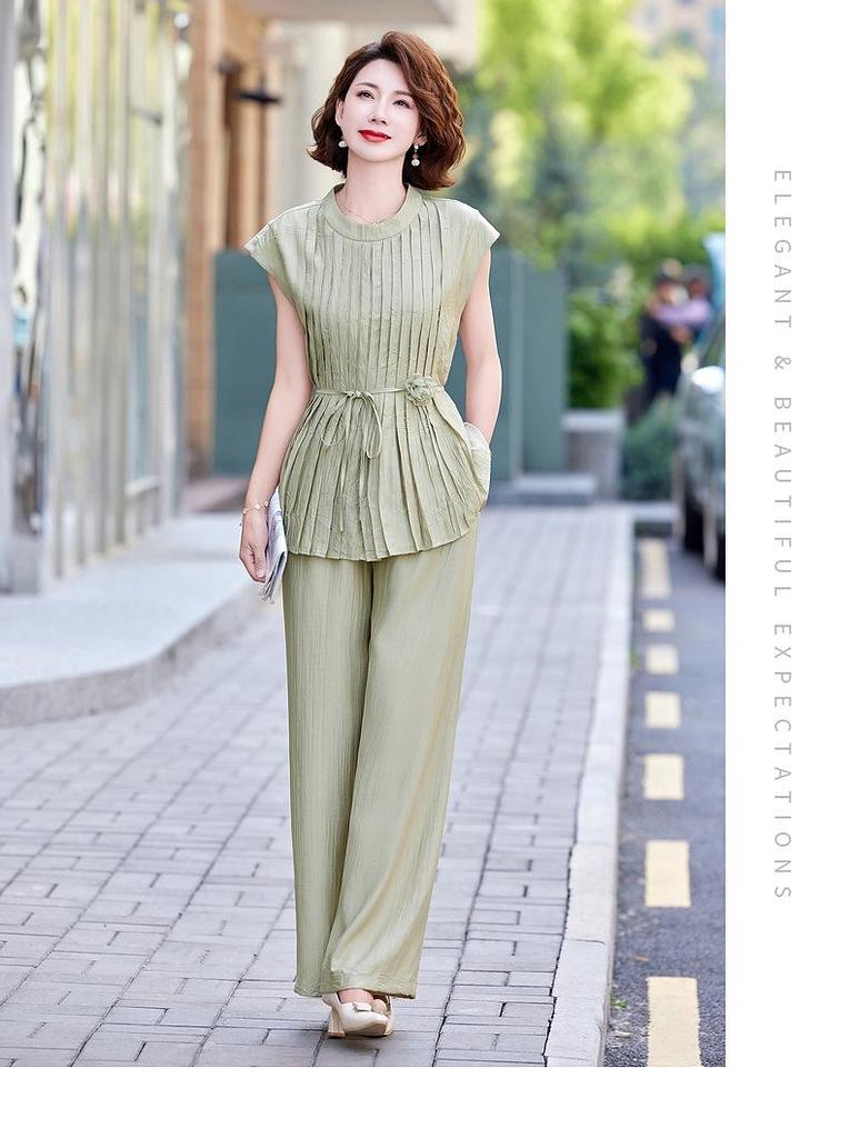 Chic Chiffon Suit: Round Neck Top & Wide-Leg Pants for Women 2026