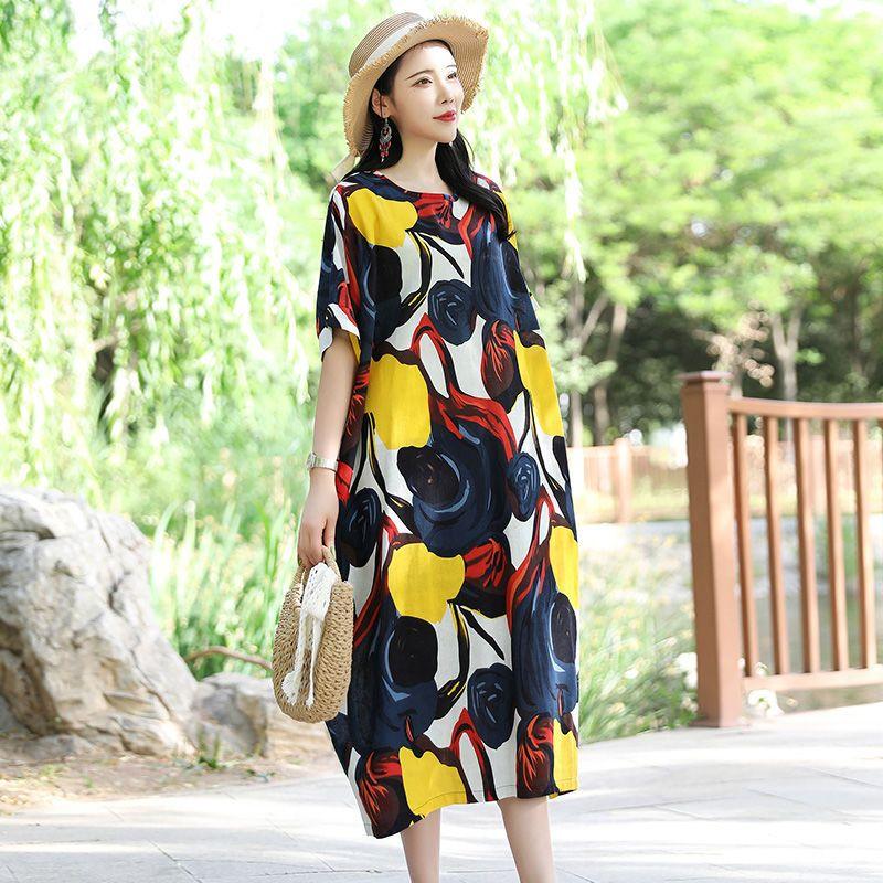 Blumendruck Kleid Damen Sommer Casual O-Ausschnitt Kurzarm Langes Kleid Böhmisches Strand Sommerkleid Vestidos
