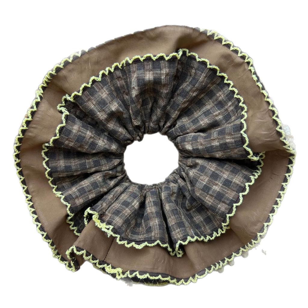 Korean-Style Checkered Double-Layer Lace Scrunchie for Low Ponytail