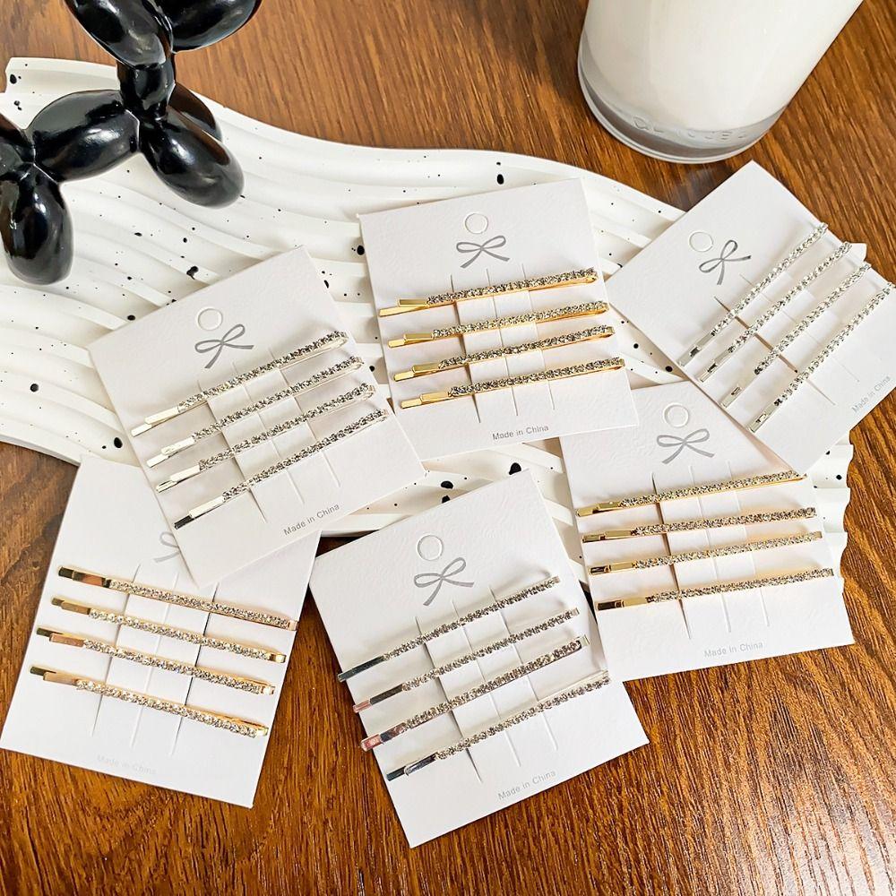 4pcs Silver Rhinestone Hair Clip Set Gold Crystal Barrettes Simple Korean Hairpins Daily