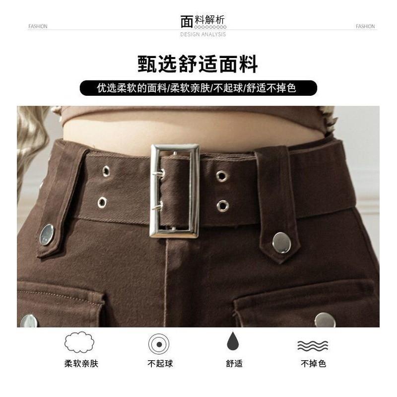 Coffee Brown Denim Mini Skirt Women A-Line High Waist Slim Fit Wrap With Built-in Shorts