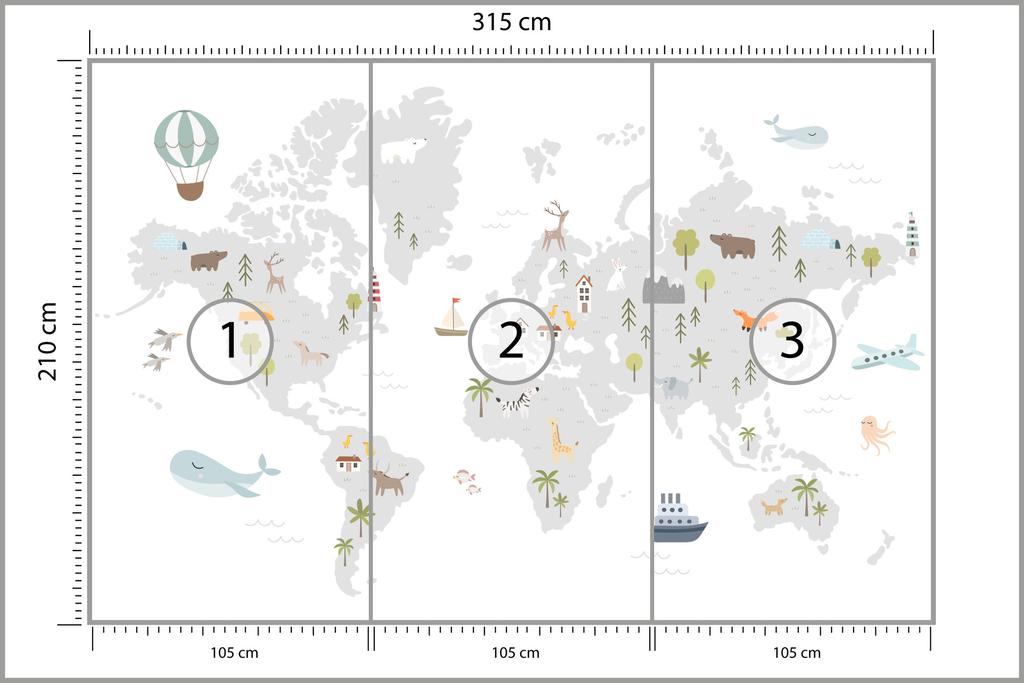 Photomural World Map With Cute Animals In Cartoon Style. Map For Nursery, Kids Room With Nature, Animals, Transports. Skandi Non-Woven 315x210