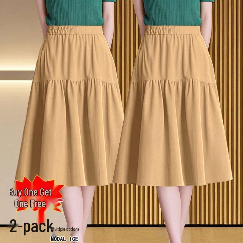 Women's A-Line Elastic Waist Skirt - Three-Quarter Length, Solid Color, Spring/Summer/Autumn Styles Available