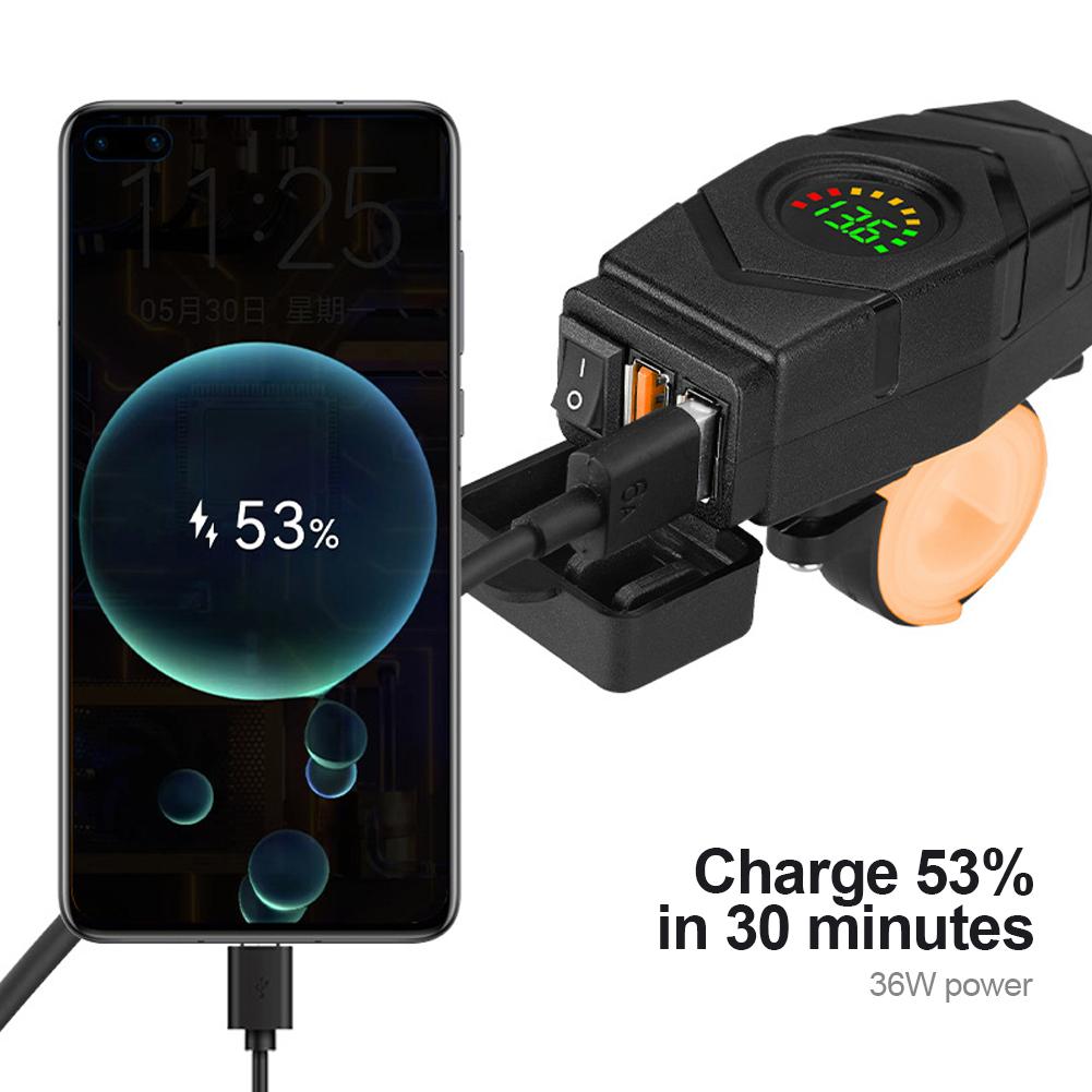 36W Motorcycle Dual USB Charger Handlebar QC3.0 Fast Charging Waterproof 12V Phone Socket Adapter With Voltmeter Display Accessories