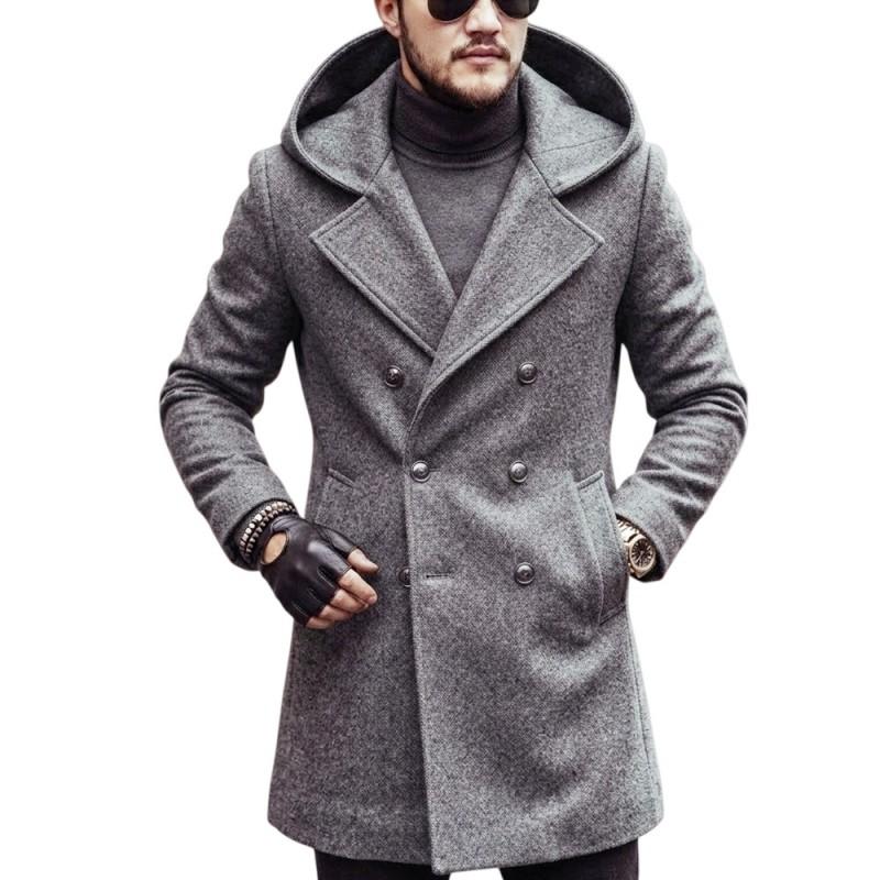 Mens Mid-length Wool Blend Coat Hooded Double Breasted European Fit Solid Color Fall Winter 2026