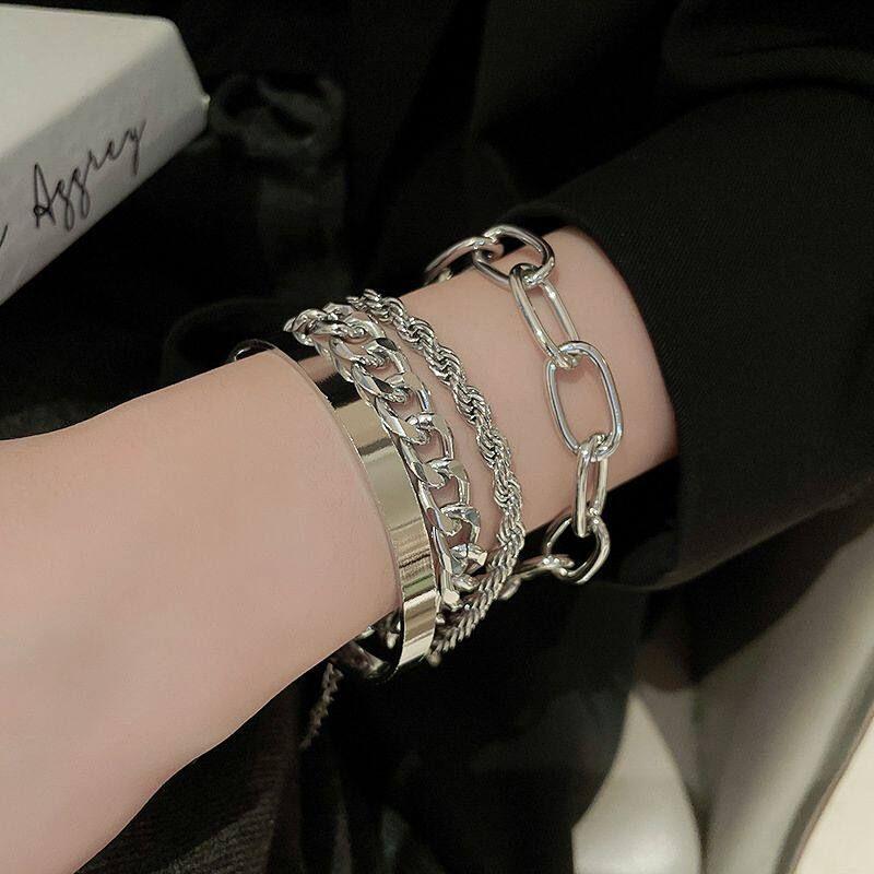

Metal Chain Bracelet for Women, European and American Minimalist Style, Multi-Layered Bracelet, Personalized High-End Feel, Stackable Wrist Jewelry Silver Four-Piece Set