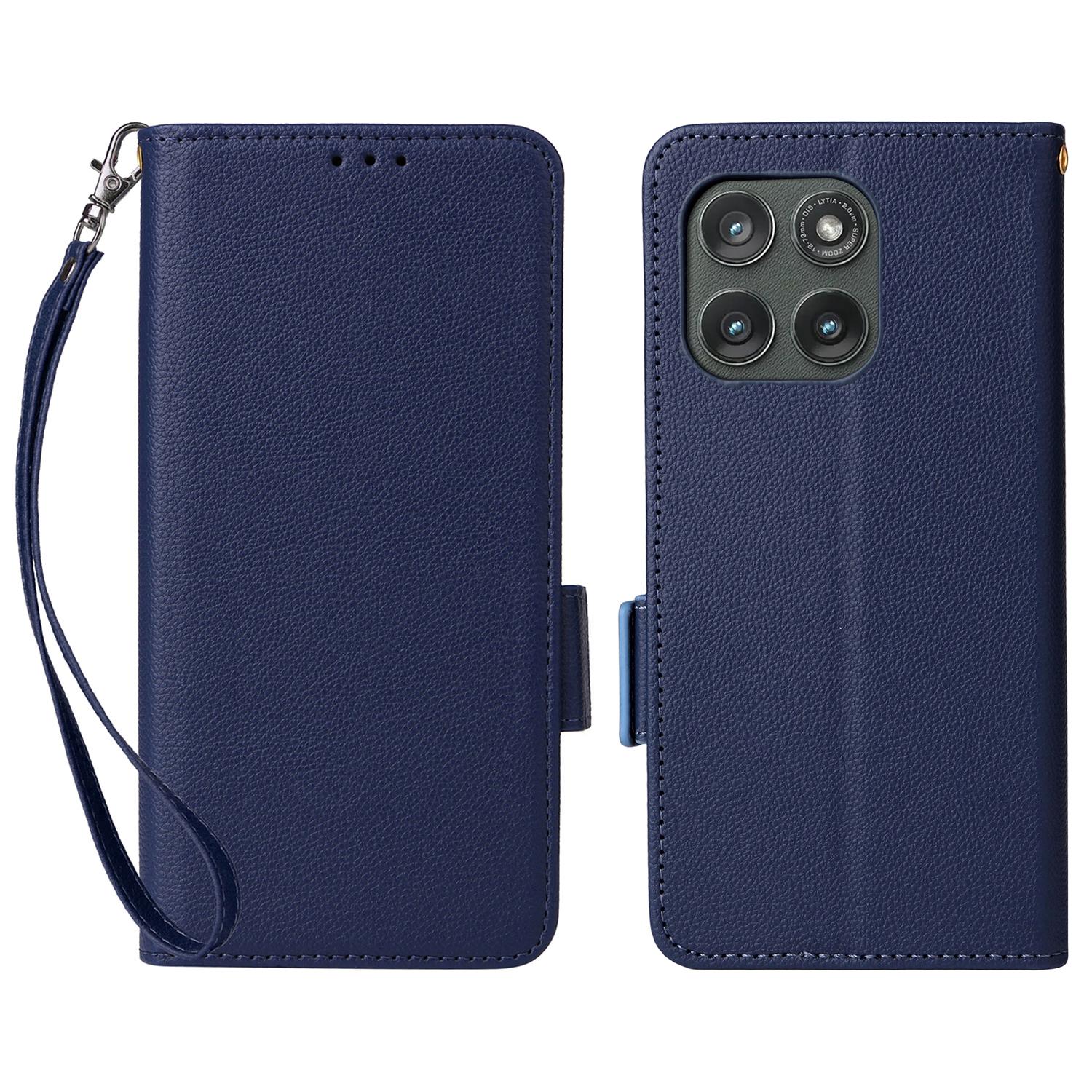 

For Motorola Edge (2025) 5G/Edge (Gen 6) Case with Wrist Strap Litchi Texture PU Leather Wallet Phone Cover Dark Blue