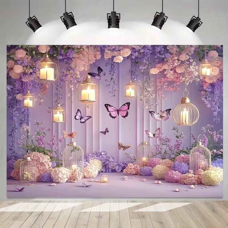 2D Dreamy Purple Floral Backdrop, Lantern & Hydrangea Banner, Girls Birthday Party Decor