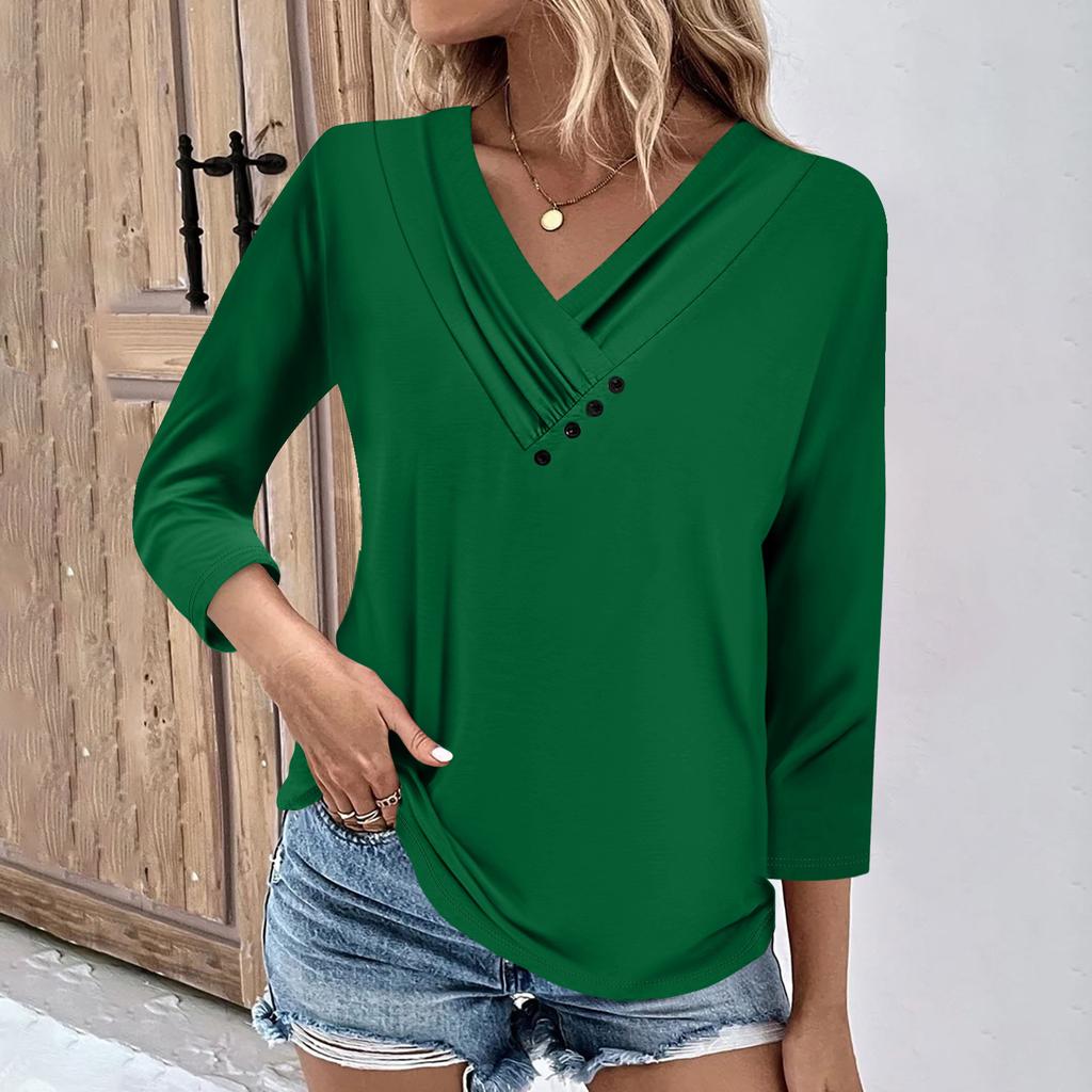 Womens 3/4 Sleeve Daily Weekend V Neck Casual Printed Tshirts Loose Fit Pleated Tees Button Down Shirts