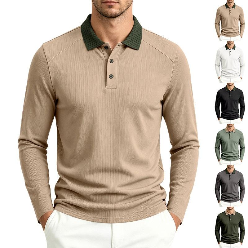 Men S Long Sleeve Polo Shirt Ribbed Collar Solid Color Casual Spring Autumn