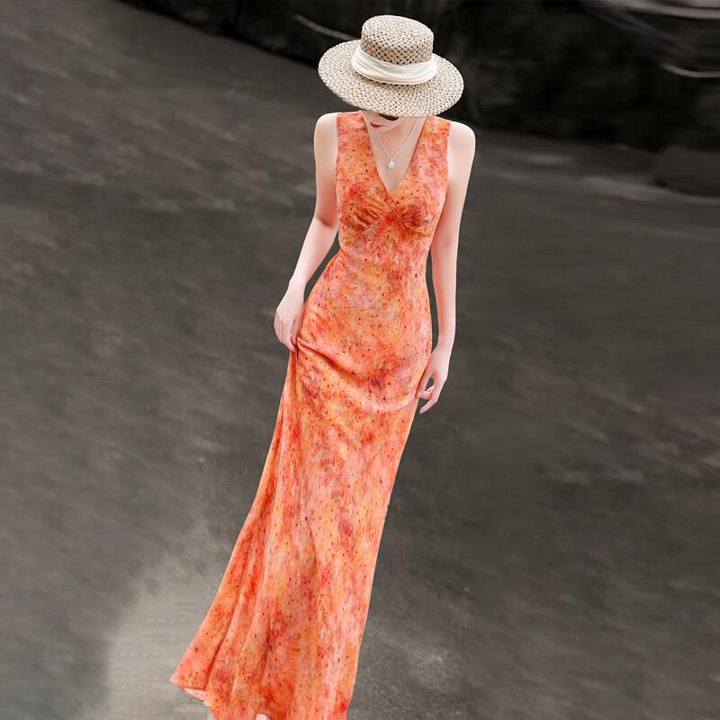 Lanshaer 2026 Summer Elegant V-neck Sleeveless A-line Print Dress XL