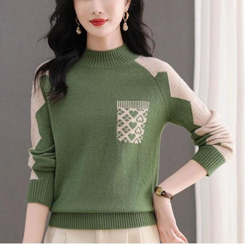 Women's Printed Sweater Autumn Winter Thick Soft Mock Turtleneck Sweater Color Block Loose Knit Pullover Top