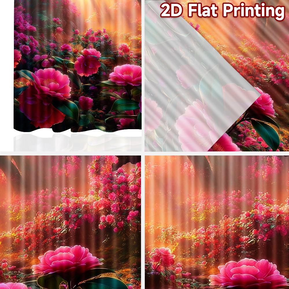 2D Flat Printing 2pcs Window Curtains Enchanted Forest Pink Camellias Digital Printed Polyester Drapes Festive Wall Decor