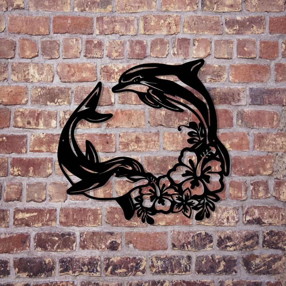 Powder Coated Iron Dolphin Hibiscus Metal Wall Art Valentine Wedding Gift Home Decor