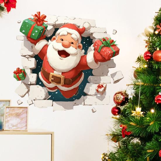 Christmas Party Supplies 3D Santa Claus Wall Decals, Break Through Reindeer Seasonal Art Window Stickers, Removable Winter Holiday Decorations