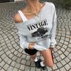 Women's  Retro Letter Print Contrast Color Splicing Angled Shoulder Loose Pullover Long Sleeve Sweatshirt