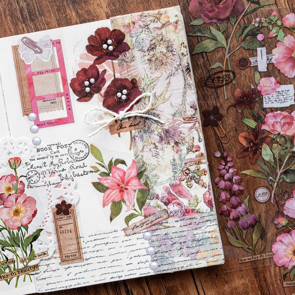 Vintage Flower Scrapbook Decorative Floral Planner Stickers for DIY Card Schedules 4-Pack Stickers, Stickers, Decals, Crafts, Making, Decoration,
