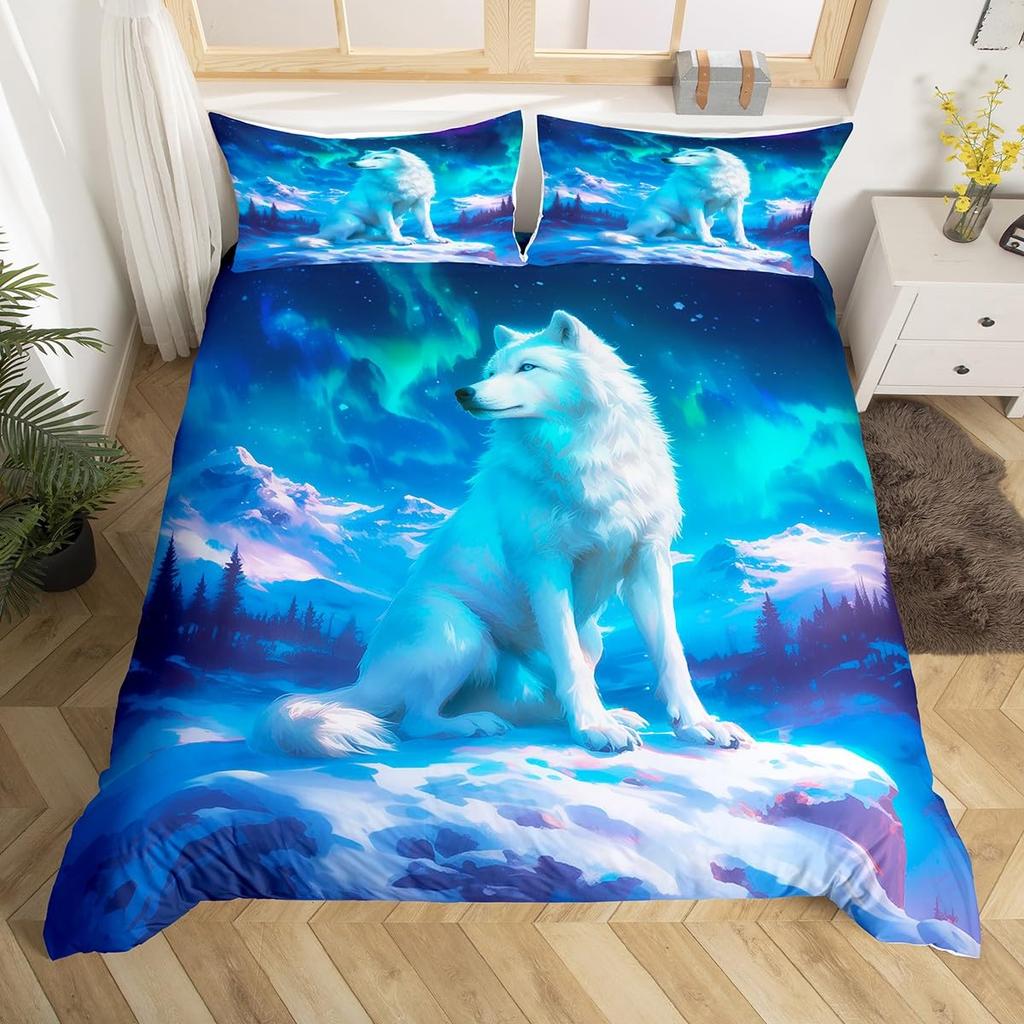 Cute Animal Duvet Cover Set Twin Queen Rabbit Fox Rustic Bedding Set, Starry Sky Galaxy Northern Lights Dreamy Comforter Cover