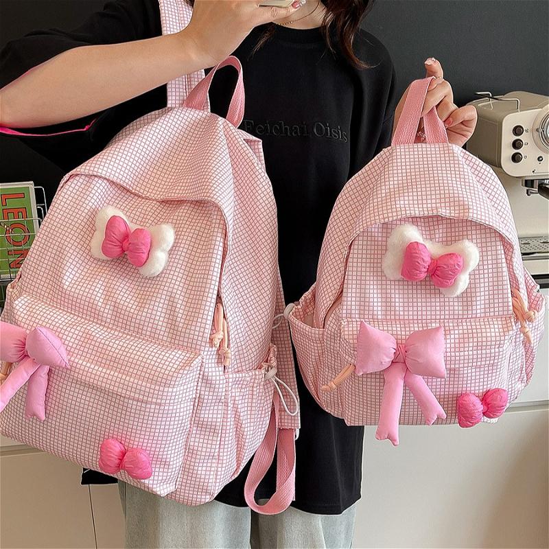 Cute Bowknot Plaid Backpack for Women Girls Large Capacity School Bag Casual Travel Daypack College Student Bookbag