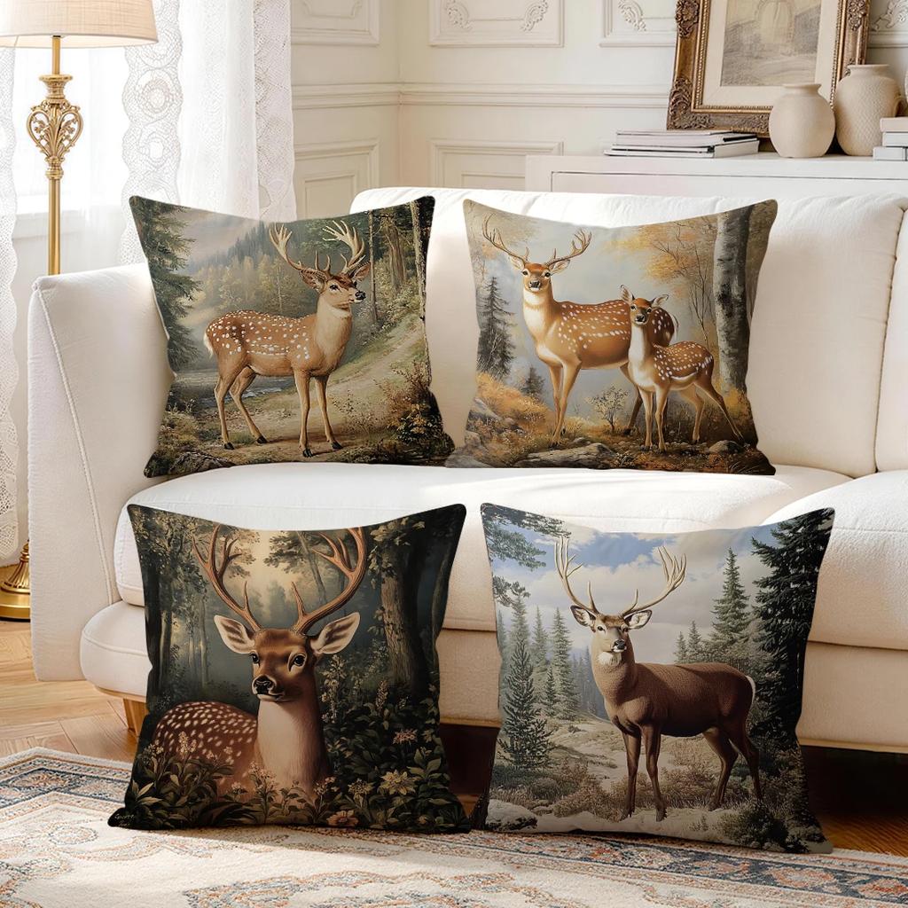1pcs/4pcs Retro Forest Deer Cushions Pillowcase Polyester Cushion Cover Throw Pillow Pillowcover Home Car Sofa Decor