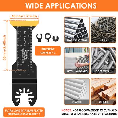 3Pcs Extra-Long Oscillating Saw Blades Set Titanium Bi-Metal Multitool Blades Quick Release for Metal Nails Plastic Wood PVC