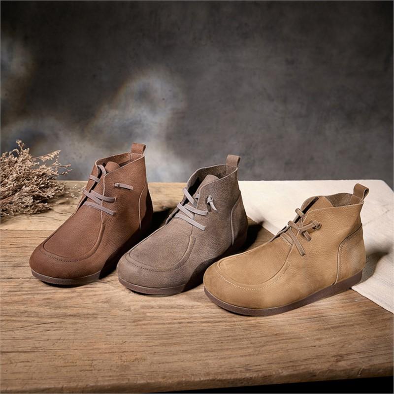 Johnature Retro Genuine Leather Flat Ankle Boots Handmade Soft Cowhide Elastic Band Soft Soled Women's Shoes