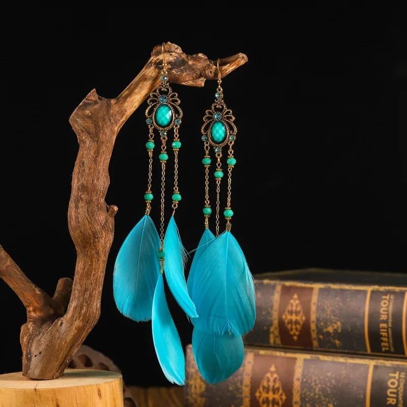 

Нишевый дизайн ретро длинные серьги с перьями и бахромой женственность богемный Юньнань отпуск серьги