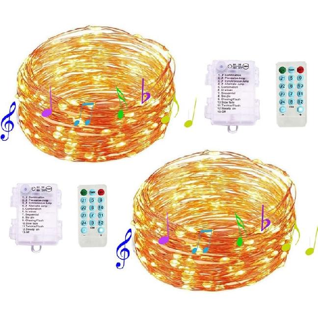 2 Pack 12 Modes Sound Activated Music String Lights, Battery Operated 33Ft 100 LED Silver Wire Fairy Lights with Remote Timer for Bedroom Wedding