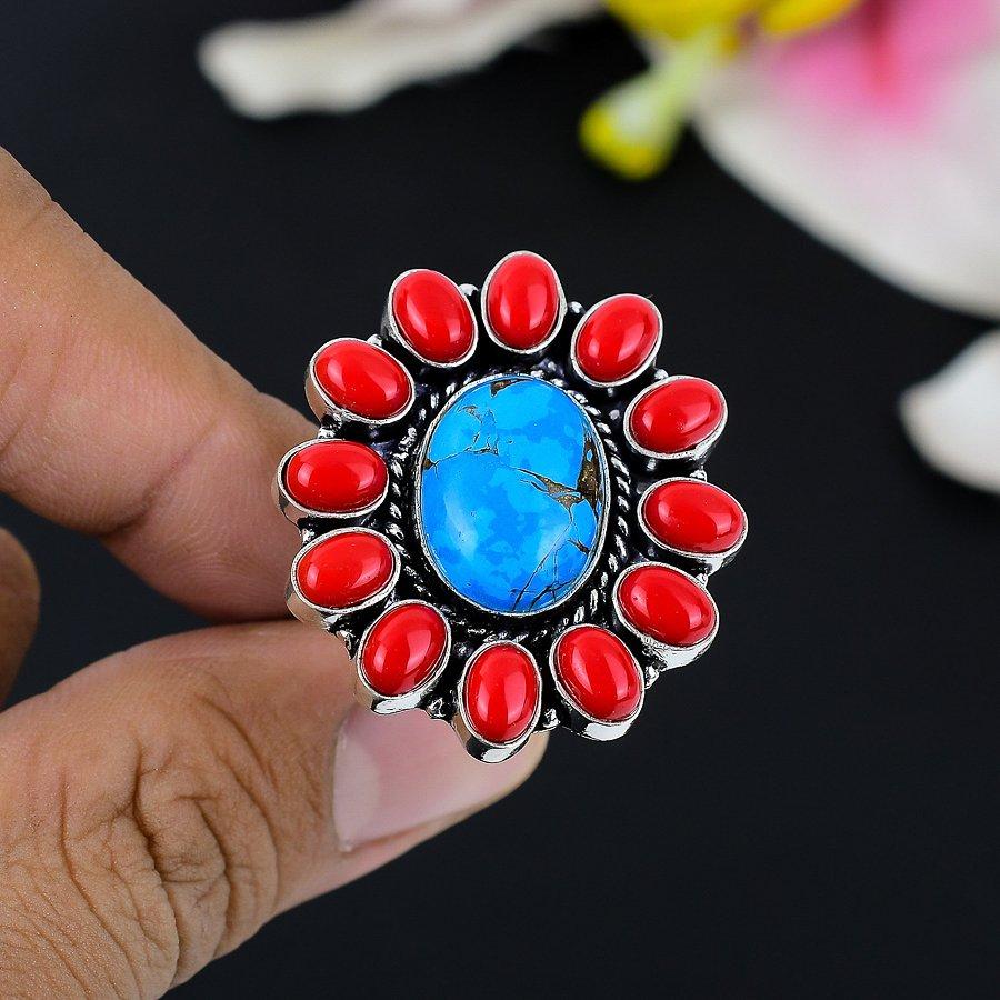Copper Blue Turquoise, Coral 925 Sterling Silver Jewelry Ring Size 6.5 KG-140