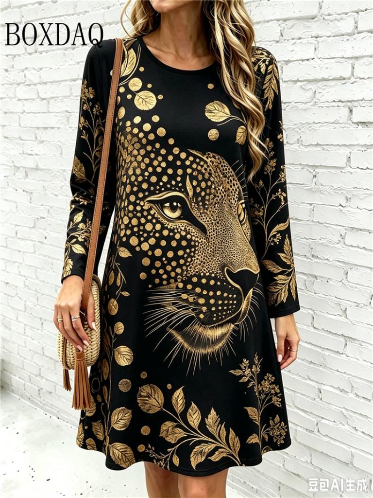 2026 Women's Fashion Dresses Women's Polka Dot Leopard Print Dress Loose Pullovers Casual Autumn Long Sleeve Home A-Line Dress