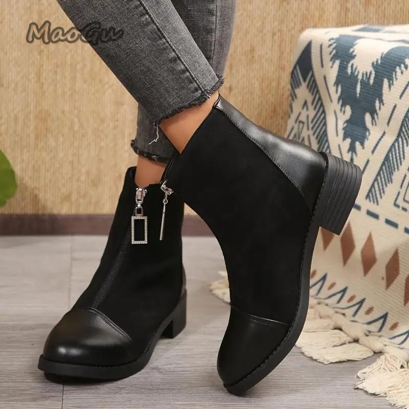 Fashion Retro Solid Black Ankle Boots Women 2025 Autumn Comfort Medium Heel Vintage Stretch Boots Glitter Zip Decoration Woman's Shoes