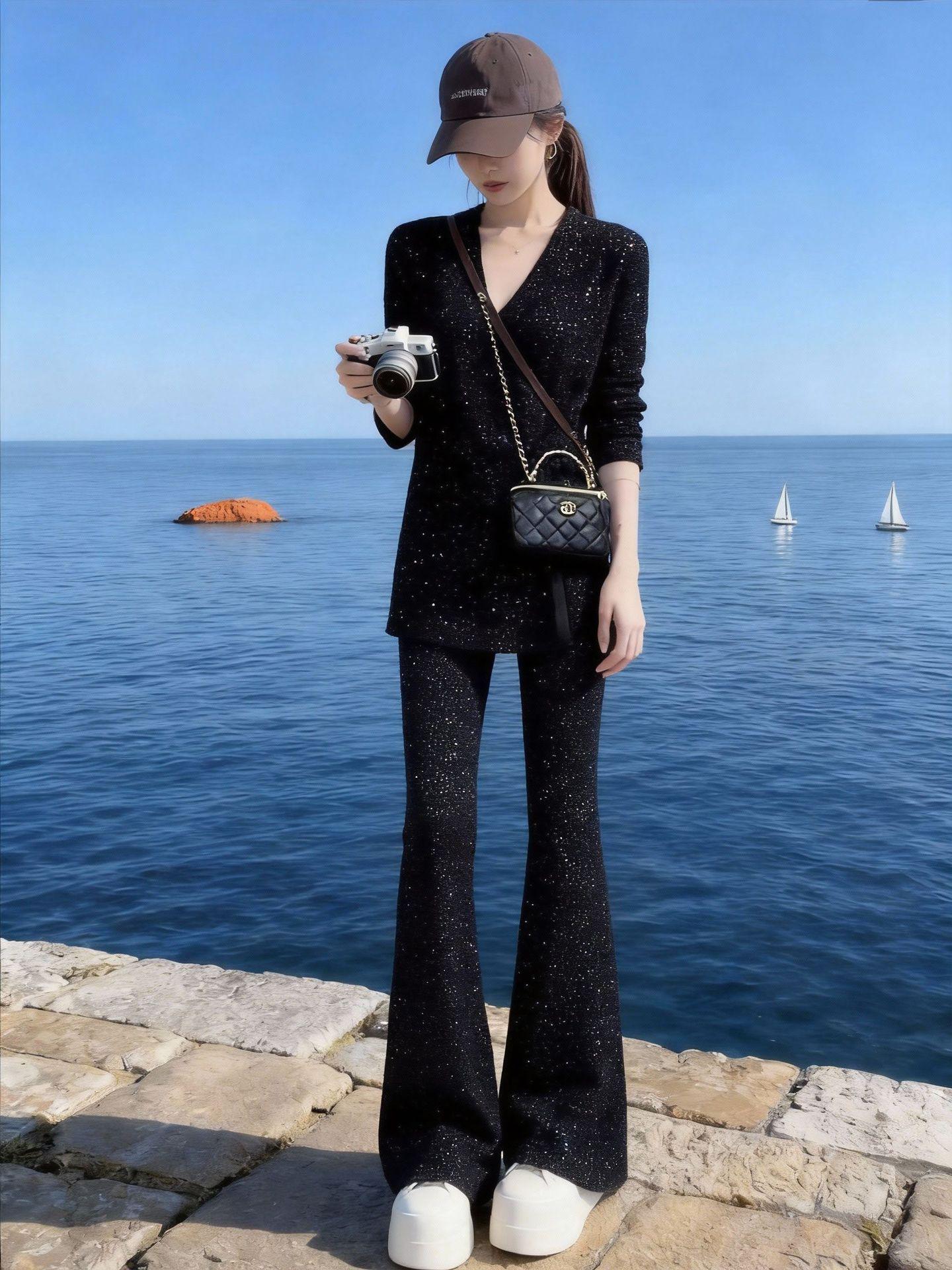 

2026 Women s Trendy Two-Piece Set: Loose Split T-shirt & Slightly Spicy Long Pants for a Chic Spring and Autumn Look S
