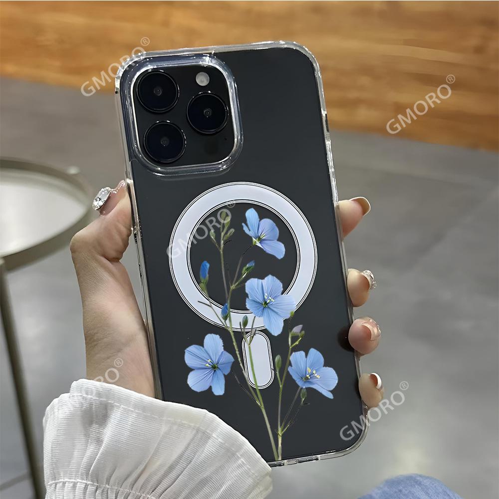 TK station popular blue linen flower is suitable for Apple 17pro small fresh mobile phone case 16 magnetic transparent protective case