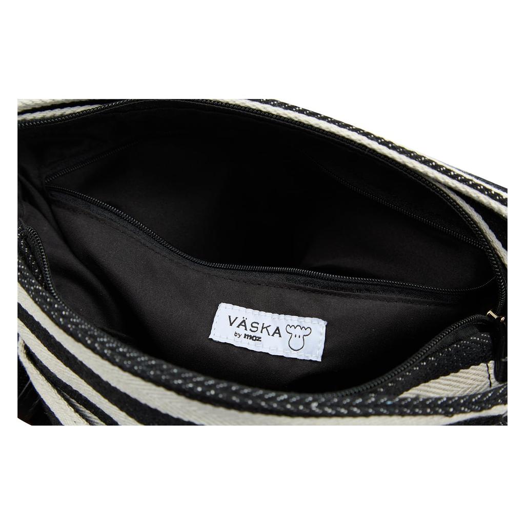 VASKA by moz Women's Shoulder Bag, Horizontal, Cotton, Striped, Elk, Deer, Veska, Nordic Style, VM6-226, Black