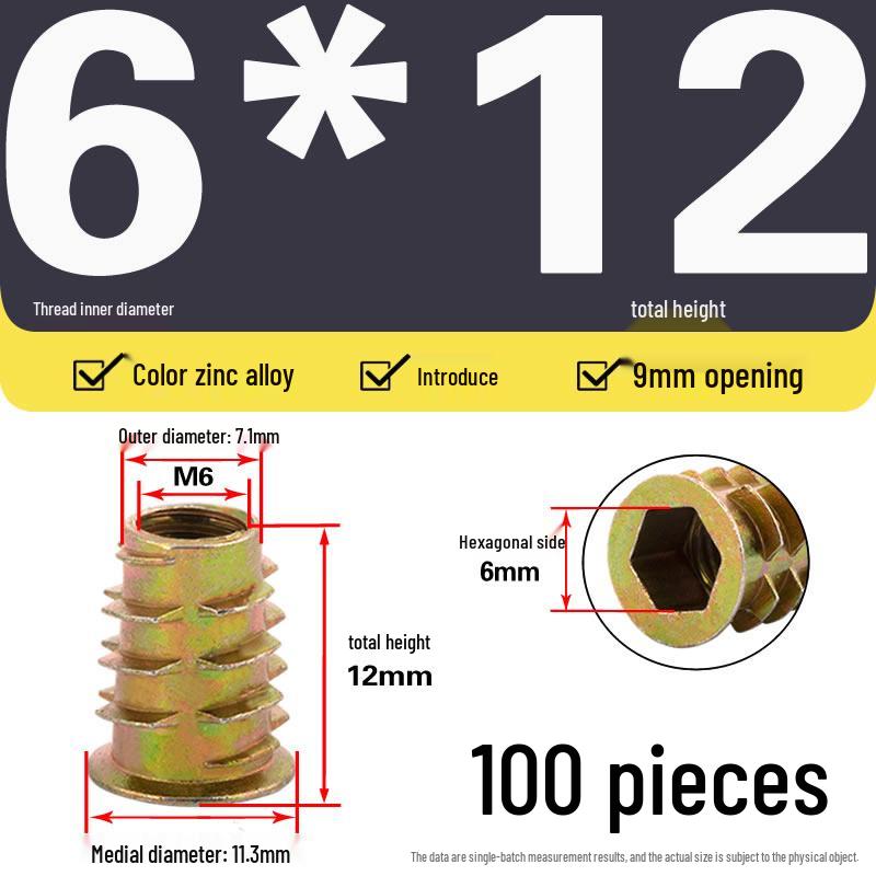 Zinc Alloy Hex Self-Tapping Nut with Washer for Furniture, Internal/External Thread, Medium Wood, Sizes M4-M8.