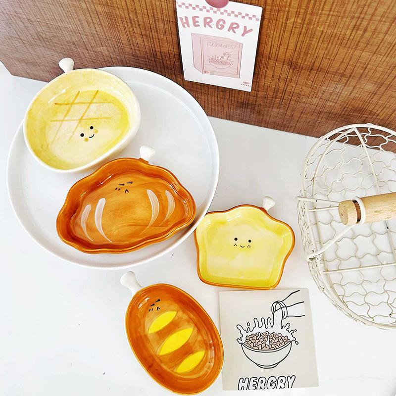 Ceramic Bread Plate Cute Croissant Pattern Dessert Plate Creative Plate Ceramic Seasoning Plate Dipping Plate Outdoor Tableware
