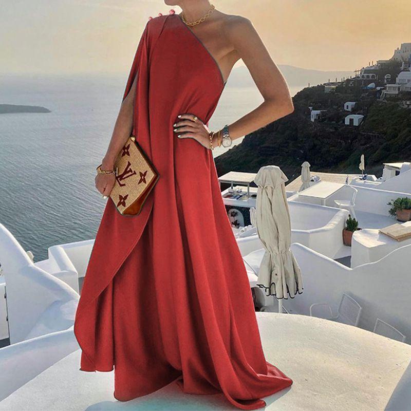 

Cross-Border Fashion Style Street Export Graceful and Fashionable Pure Color Loose One-Shoulder Long Fairy Pure Color Dress Red L