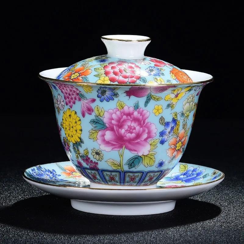 Chinese Kungfu Gaiwan Tea Tureen Intricately Designed Dragon and Phoenix Tea Cups with Elegant Ceramic Color Enamel Teaware