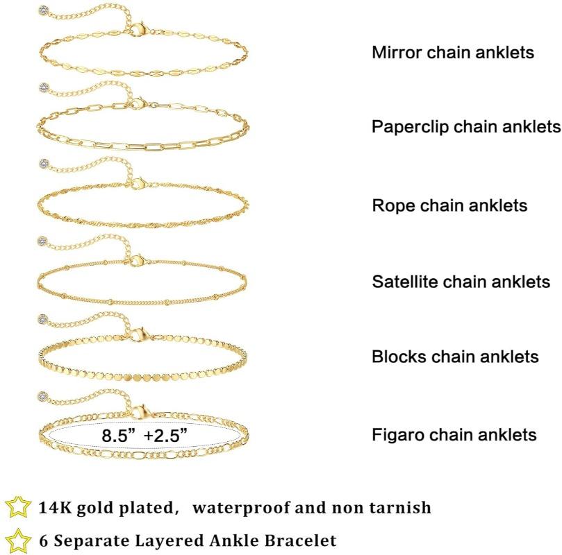 Waterproof Ankle Bracelets for Women Girls, 14K Gold Plated STAINLESS STEE/Alloy 6PCS Anklets Set Dainty Summer Beach Jewelry