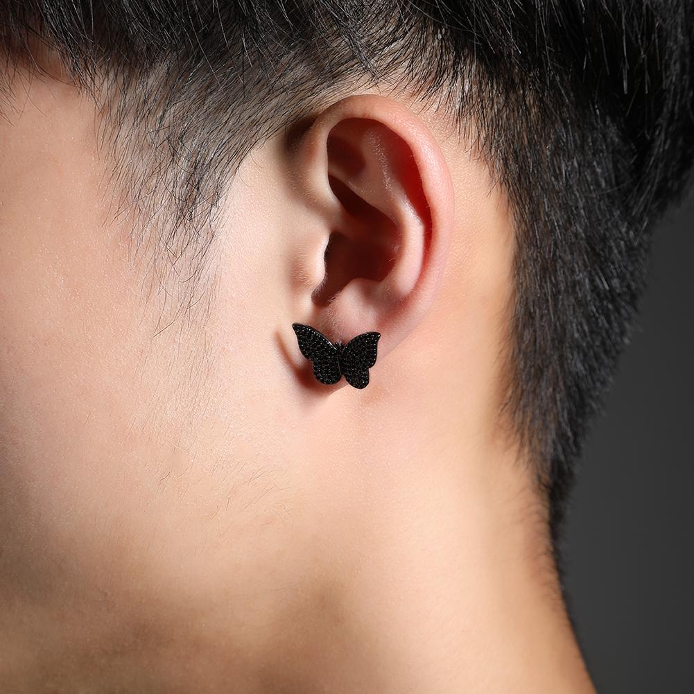 THE BLING KING Butterfly Stud Earring 925 Sterling Silver Earring Paved Black Cubic Zirconia Men Women Fashion Hiphop Jewelry