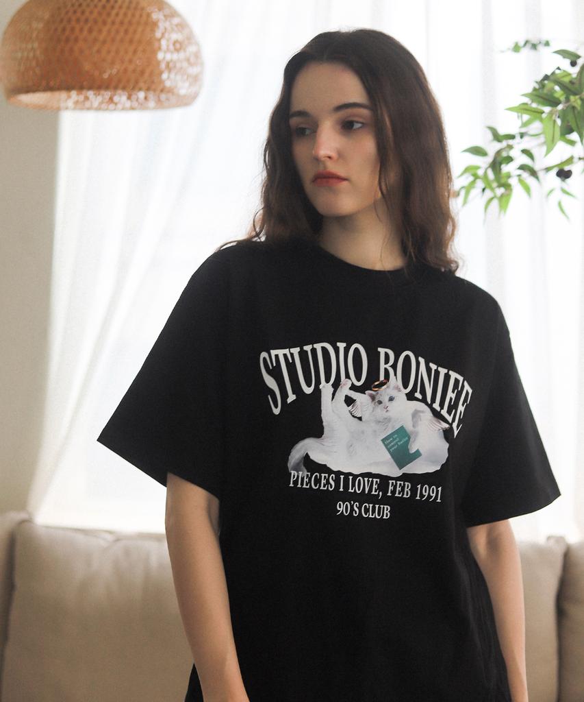 BONIEE Angel Cat Kitten Graphic Loose Oversized T-Shirt Black