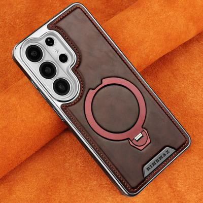 Premium Oil Wax Grain Vintage Leather Case For Samsung Galaxy S26 Edge S25 Ultra S24+ Plus Magnetic Cover Foldable Metal Ring
