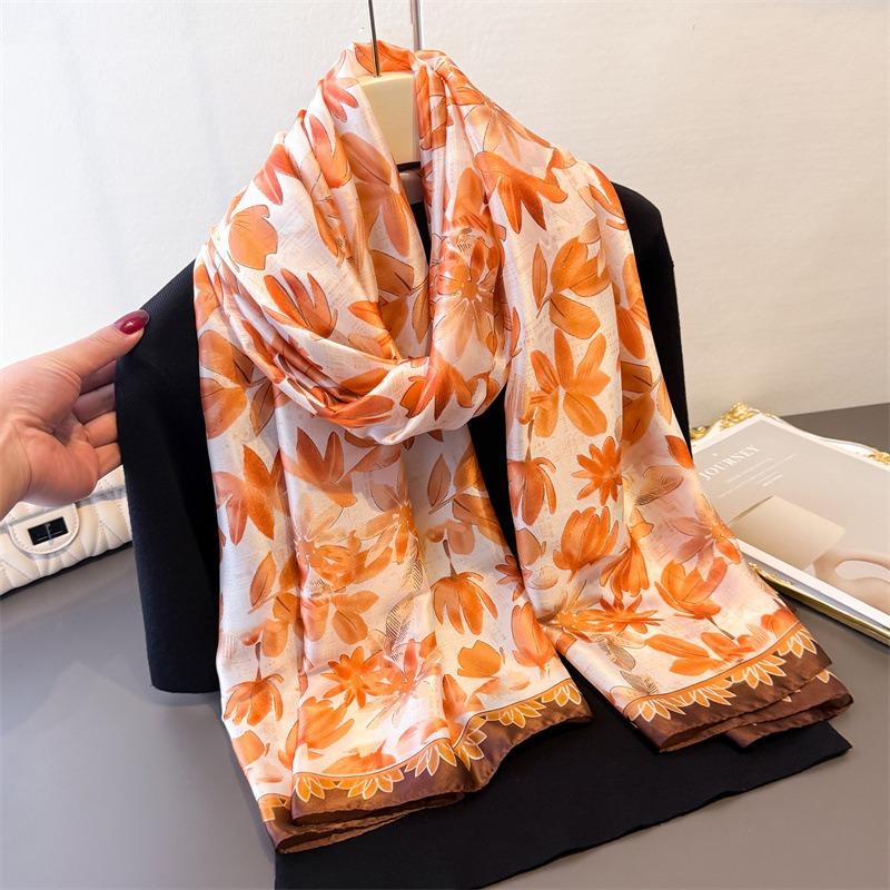 Spring and Summer Light Rhyme Flower Printing Simulation Silk Brocade Sunscreen Silk Scarf Long Scarf Shawl Versatile Headscarf Scarf