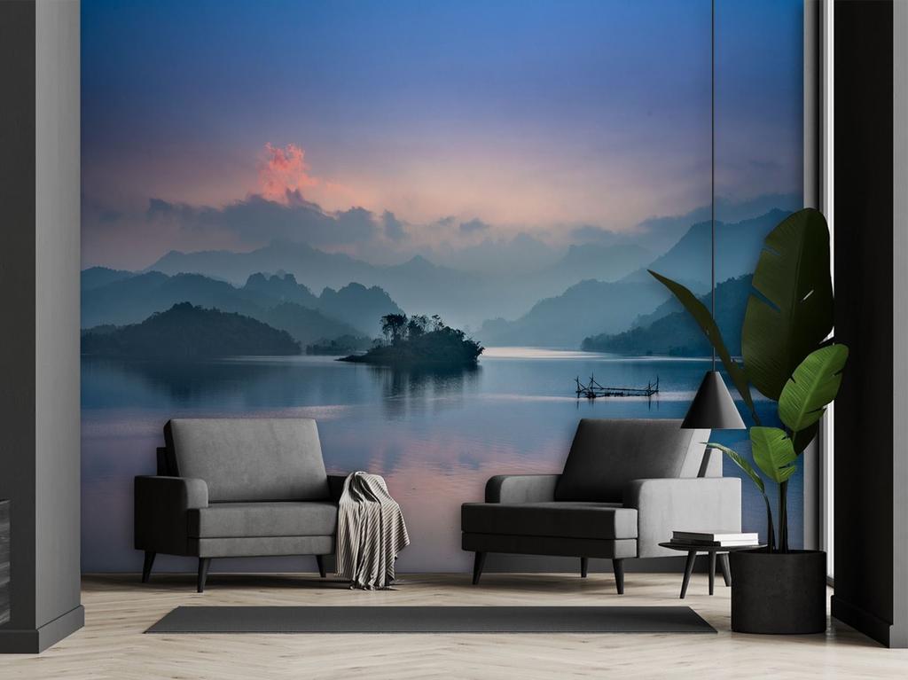 Wallpaper View of the Lake and Mountains In the Fog