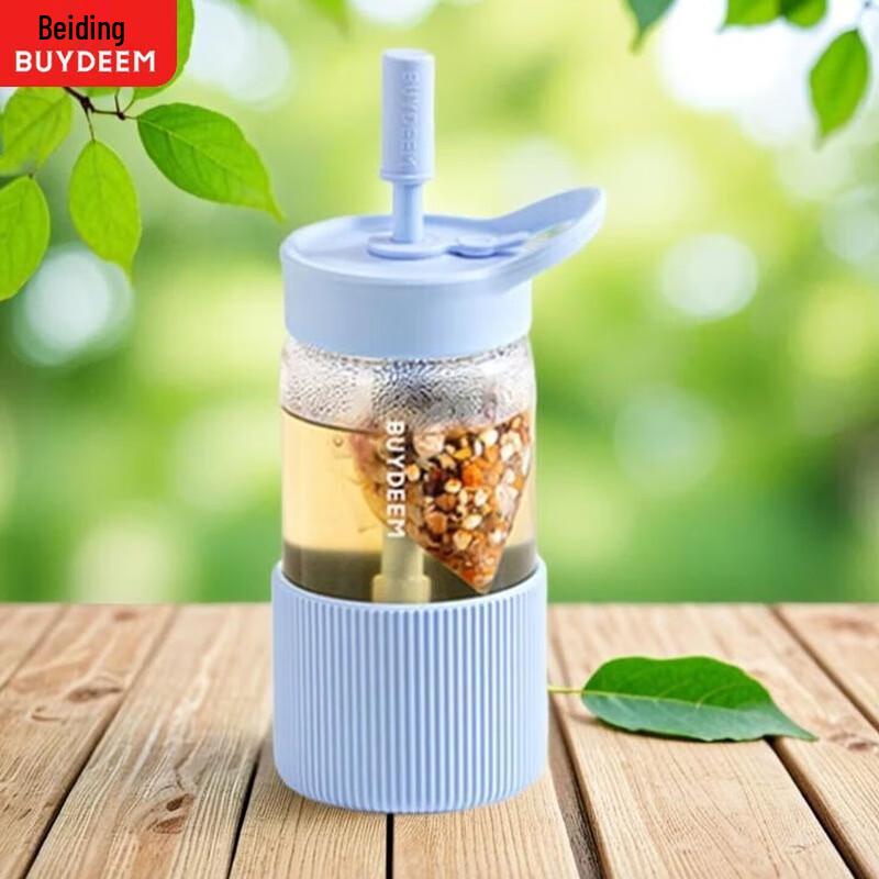 Buydeem 550ml Portable Glass Travel Mug with Straw Holder
