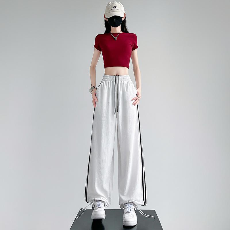 Nya Sommar Amerikanska Vardagsbyxor och Mjukisbyxor för Kvinnor Dragskor för Två Hög Midja Lös Smickrande Solskydd Vida Ben