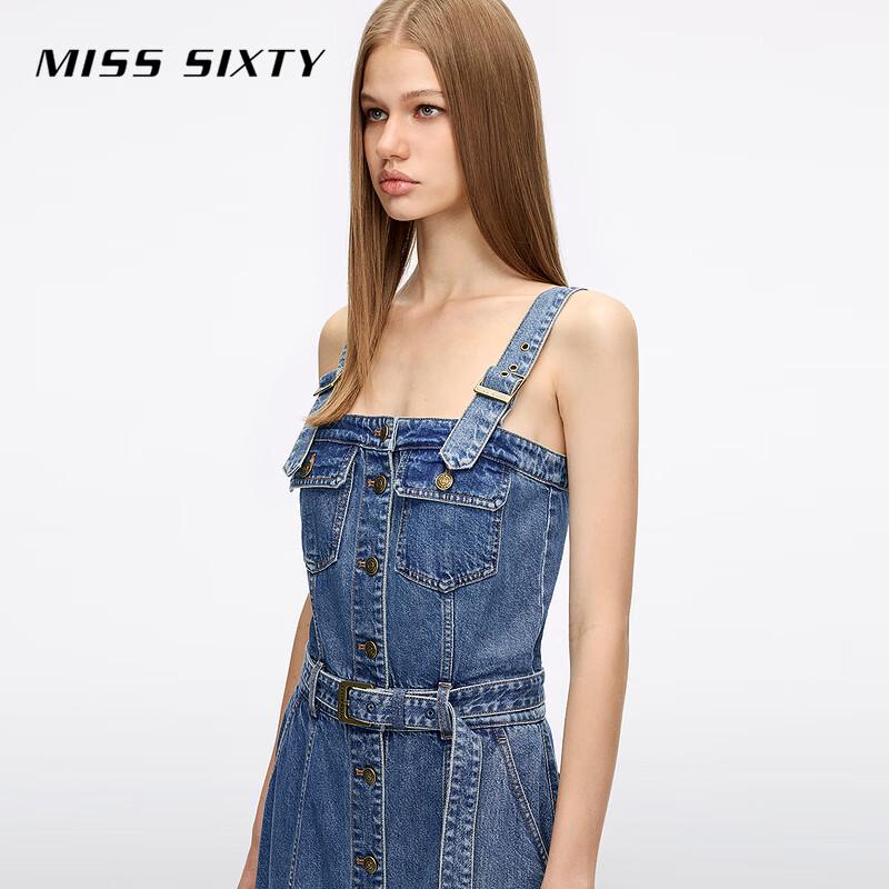MISS SIXTY Women's Vintage Washed Denim Suspender Dress