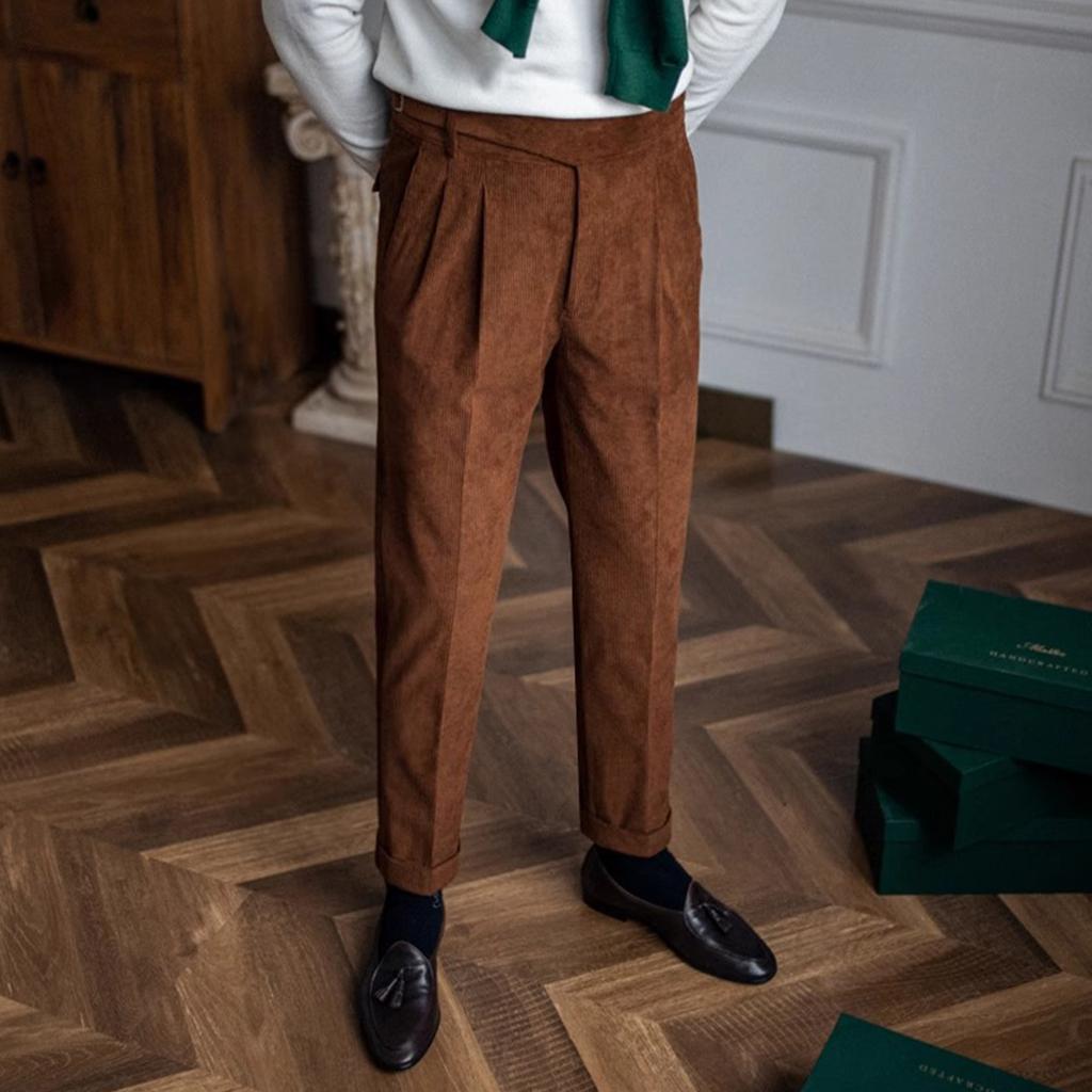 Męskie spodnie sztruksowe Naples o klasycznym kroju, vintage spodnie biznesowe proste z przodu z zakładkami
