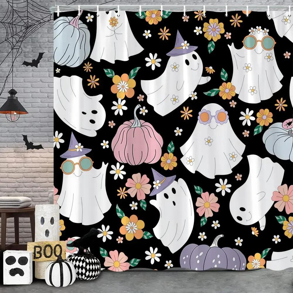 ~O~Pink Cute Halloween Shower Curtain Ghost Pumpkin Bat Skull Polyester Fabric Kids Shower Curtain Girls Bathroom Decor Strap Ho